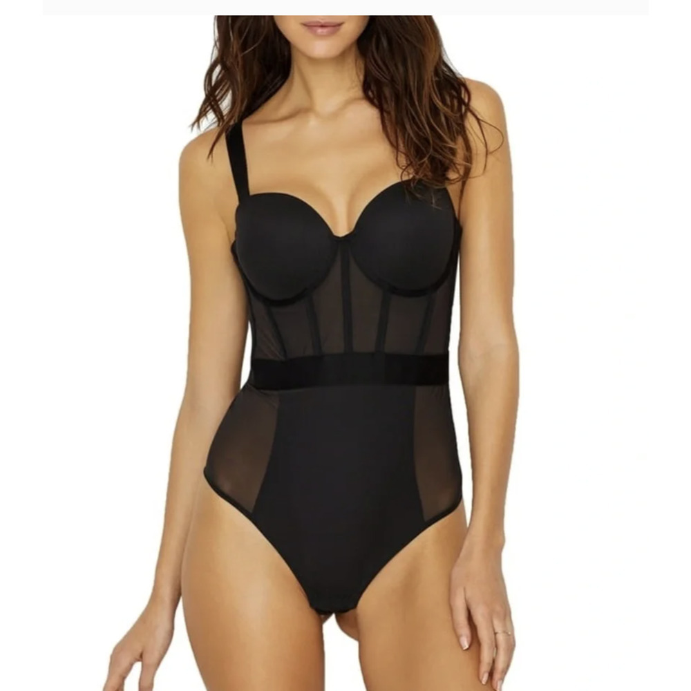 DKNY Strapless Bodysuit Sheers Womens 38C Black Mesh Padded Cup Lingerie
